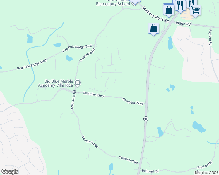 map of restaurants, bars, coffee shops, grocery stores, and more near 80 Meriwether Lane in Villa Rica