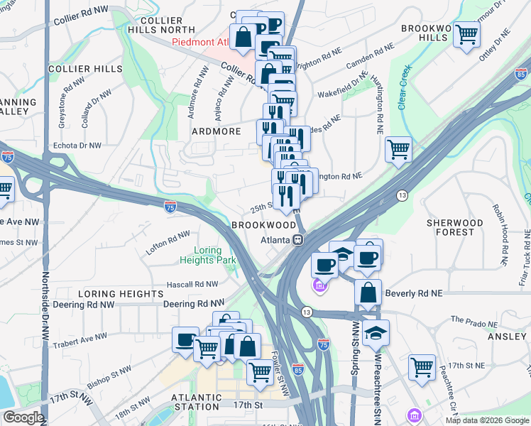 map of restaurants, bars, coffee shops, grocery stores, and more near 71 Standish Avenue Northwest in Atlanta
