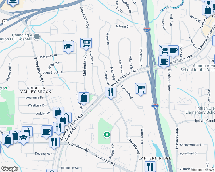 map of restaurants, bars, coffee shops, grocery stores, and more near 782 Verona Drive in Clarkston