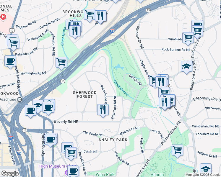 map of restaurants, bars, coffee shops, grocery stores, and more near 1692 Friar Tuck Road Northeast in Atlanta