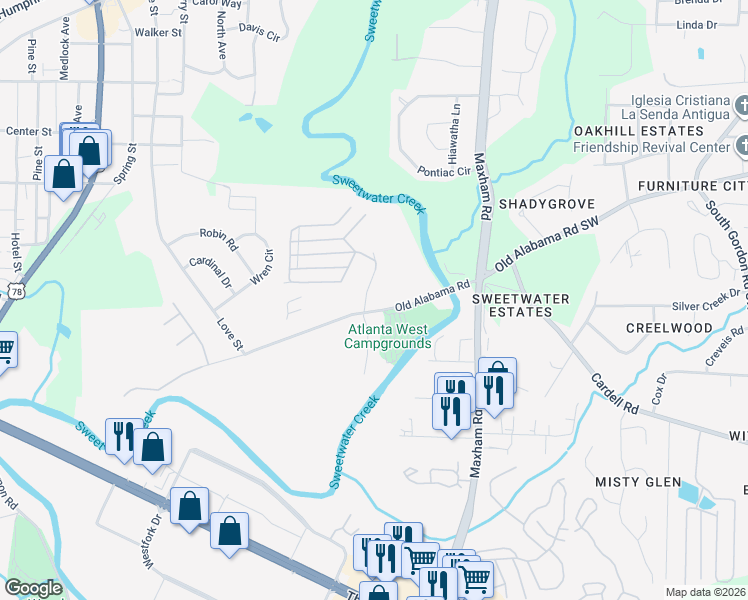 map of restaurants, bars, coffee shops, grocery stores, and more near 2432 Old Alabama Road in Austell