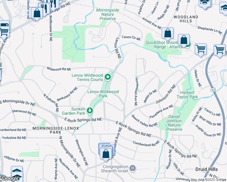map of restaurants, bars, coffee shops, grocery stores, and more near 1677 Lenox Road Northeast in Atlanta