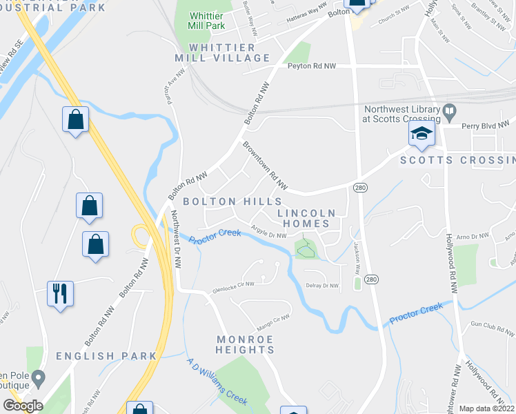 map of restaurants, bars, coffee shops, grocery stores, and more near 1646 Maldo Drive Northwest in Atlanta