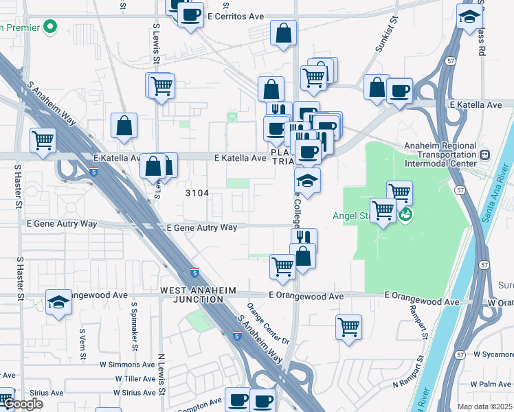 map of restaurants, bars, coffee shops, grocery stores, and more near 1882 Union Street in Anaheim