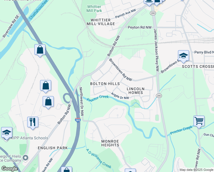 map of restaurants, bars, coffee shops, grocery stores, and more near 1661 Barrett Drive Northwest in Atlanta