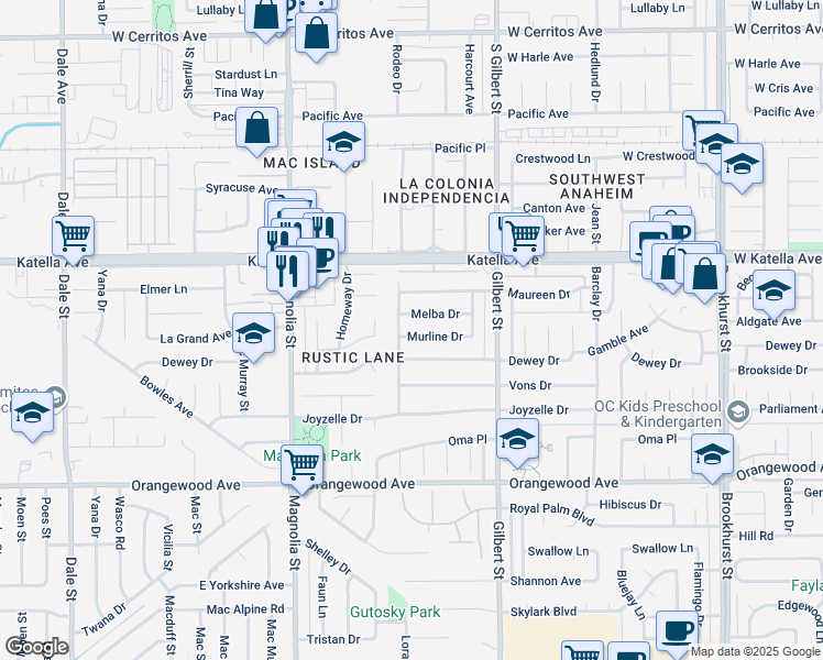 map of restaurants, bars, coffee shops, grocery stores, and more near 9322 Melba Drive in Garden Grove