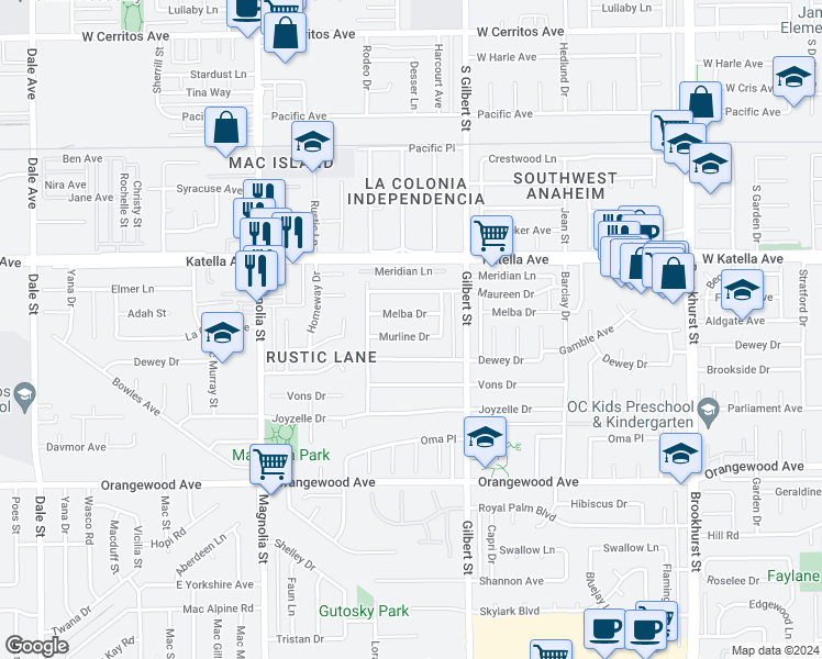 map of restaurants, bars, coffee shops, grocery stores, and more near 9363 Murline Drive in Garden Grove