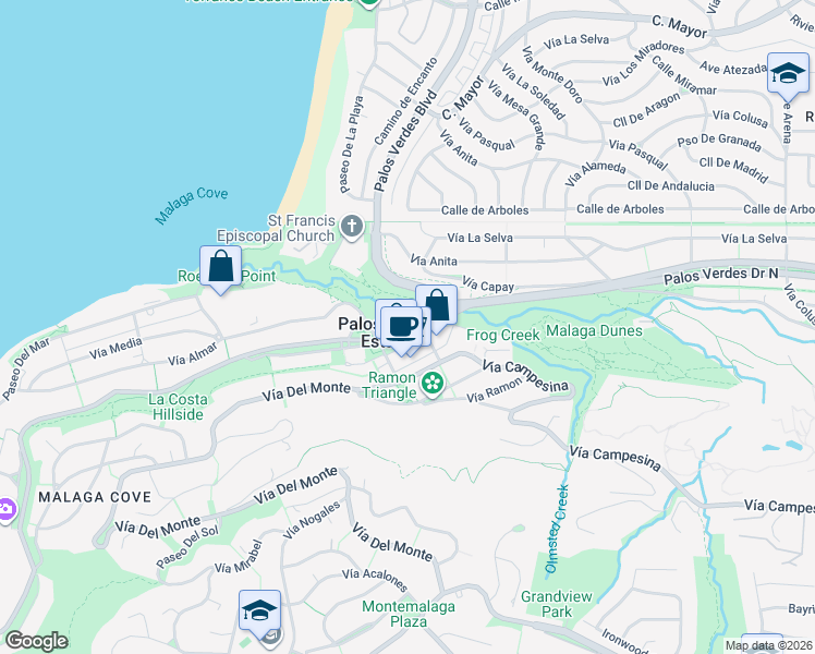 map of restaurants, bars, coffee shops, grocery stores, and more near 229 Palos Verdes Drive West in Palos Verdes Estates