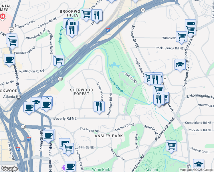 map of restaurants, bars, coffee shops, grocery stores, and more near 1700 Friar Tuck Road Northeast in Atlanta