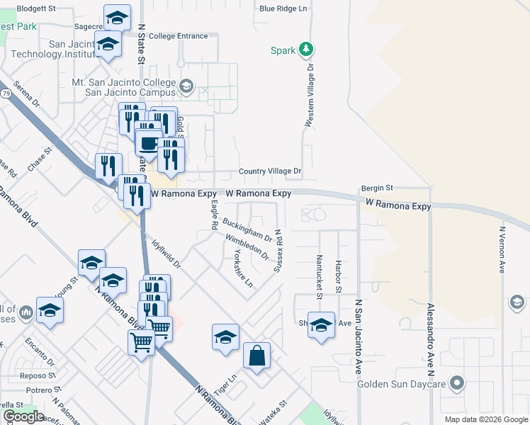 map of restaurants, bars, coffee shops, grocery stores, and more near 361 Wales Court in San Jacinto