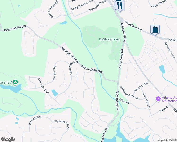 map of restaurants, bars, coffee shops, grocery stores, and more near 6891 Harbor Town Way in Stone Mountain