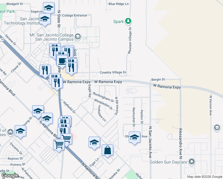 map of restaurants, bars, coffee shops, grocery stores, and more near 361 Wales Court in San Jacinto