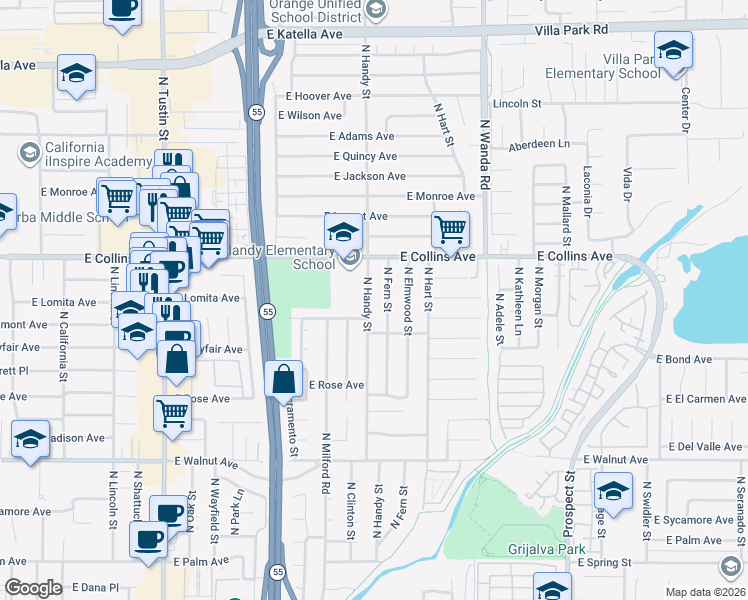 map of restaurants, bars, coffee shops, grocery stores, and more near 822 North Fern Street in Orange