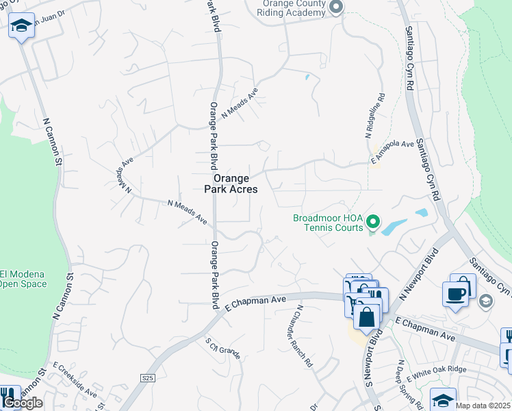 map of restaurants, bars, coffee shops, grocery stores, and more near 752 North Creekview Drive in Orange