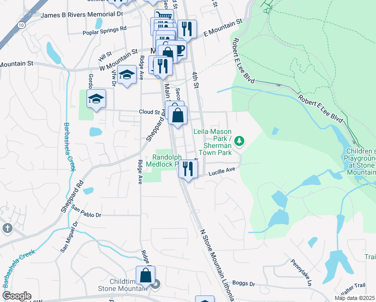 map of restaurants, bars, coffee shops, grocery stores, and more near 753 Second Street in Stone Mountain
