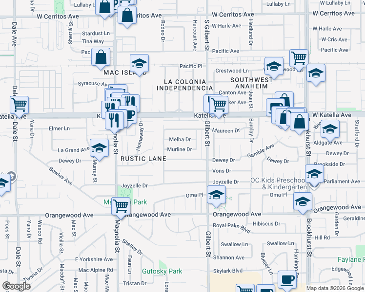map of restaurants, bars, coffee shops, grocery stores, and more near 9322 Melba Drive in Garden Grove