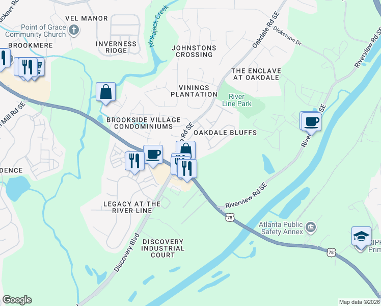 map of restaurants, bars, coffee shops, grocery stores, and more near 6217 Oakdale Road Southeast in Mableton