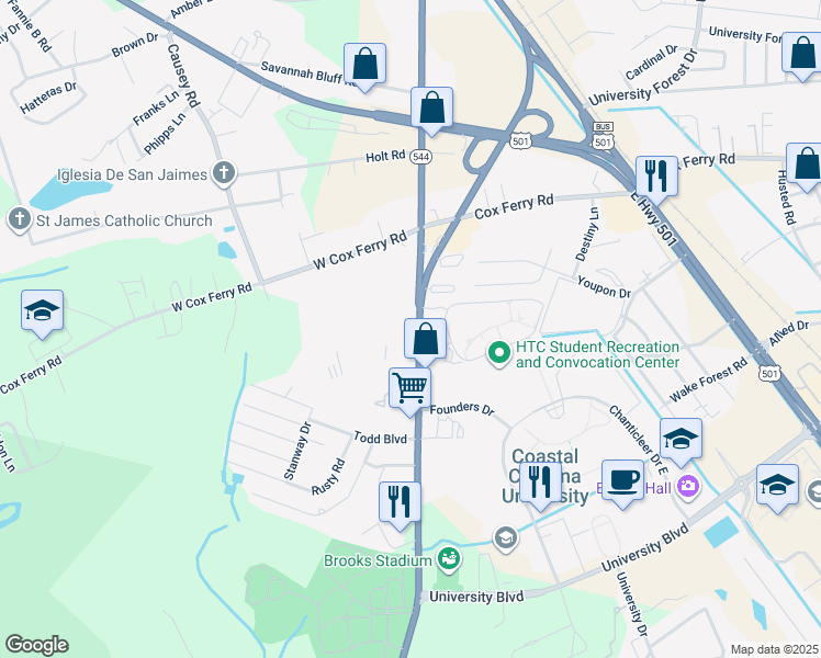 map of restaurants, bars, coffee shops, grocery stores, and more near 640 South Carolina 544 in Conway