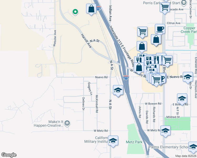 map of restaurants, bars, coffee shops, grocery stores, and more near 1593 McKimball Road in Perris