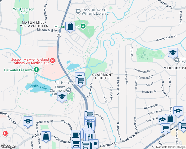 map of restaurants, bars, coffee shops, grocery stores, and more near 2064 Desmond Drive in Decatur