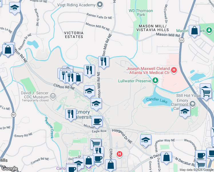 map of restaurants, bars, coffee shops, grocery stores, and more near 761 Houston Mill Road Northeast in Atlanta