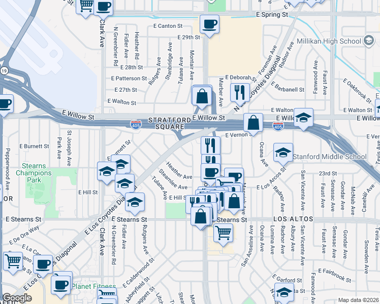 map of restaurants, bars, coffee shops, grocery stores, and more near 2400 Terraine Avenue in Long Beach