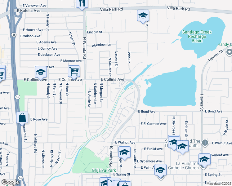 map of restaurants, bars, coffee shops, grocery stores, and more near 3340 East Collins Avenue in Orange