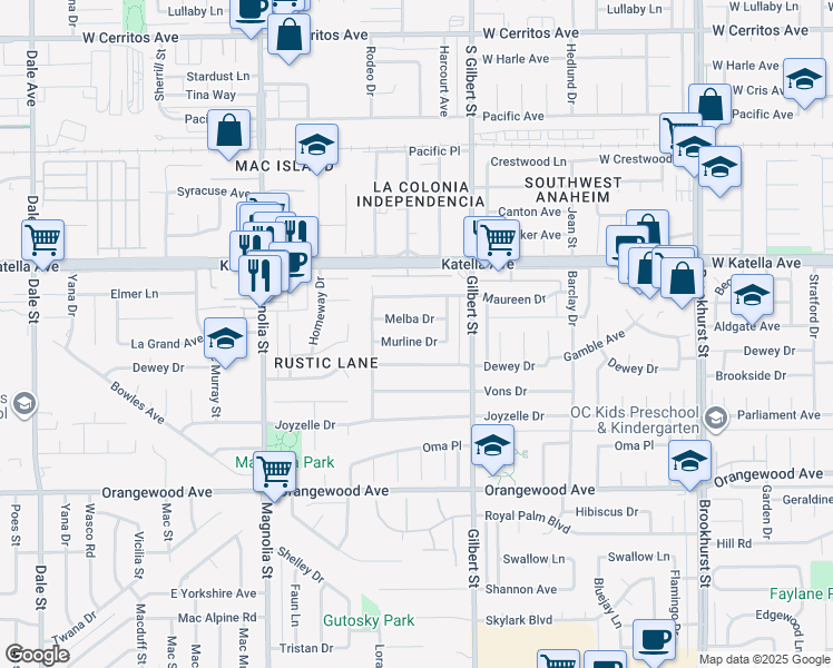 map of restaurants, bars, coffee shops, grocery stores, and more near 9363 Murline Drive in Garden Grove