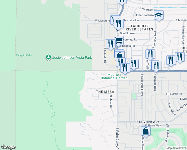 map of restaurants, bars, coffee shops, grocery stores, and more near 252 Ridge Road in Palm Springs