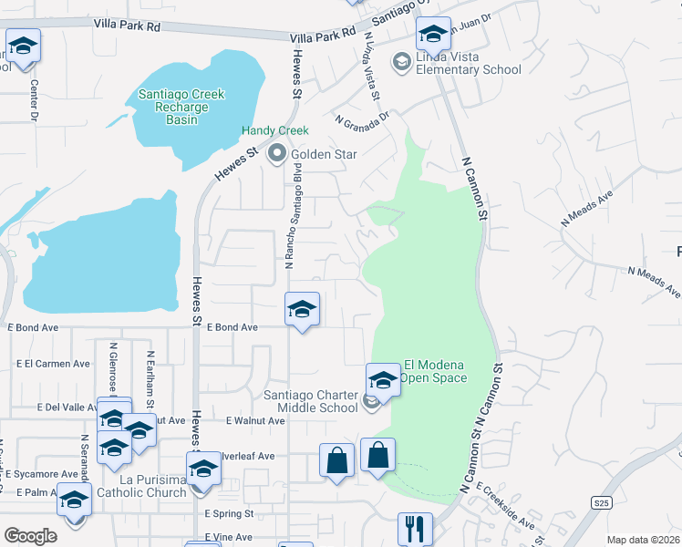 map of restaurants, bars, coffee shops, grocery stores, and more near 5099 East Lomita Avenue in Orange