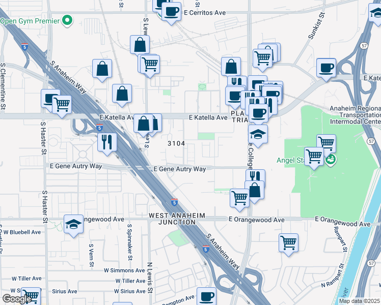 map of restaurants, bars, coffee shops, grocery stores, and more near 1883-1935 Betmor Lane in Anaheim