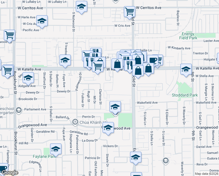 map of restaurants, bars, coffee shops, grocery stores, and more near 11121 Dino Circle in Garden Grove