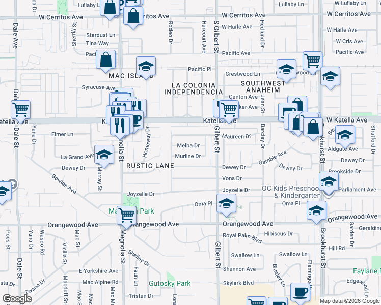 map of restaurants, bars, coffee shops, grocery stores, and more near 9322 Melba Drive in Garden Grove