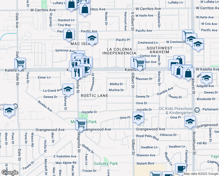 map of restaurants, bars, coffee shops, grocery stores, and more near 9322 Melba Drive in Garden Grove