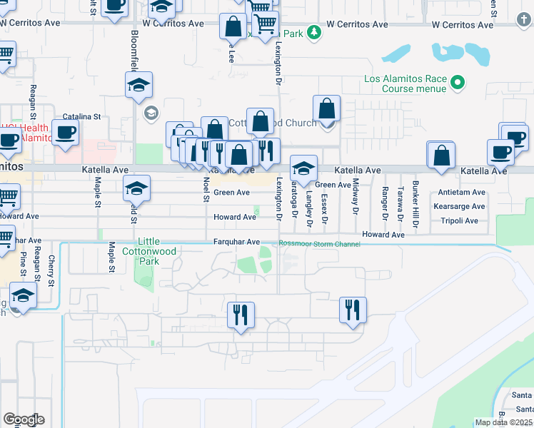 map of restaurants, bars, coffee shops, grocery stores, and more near 11132 Lexington Drive in Los Alamitos