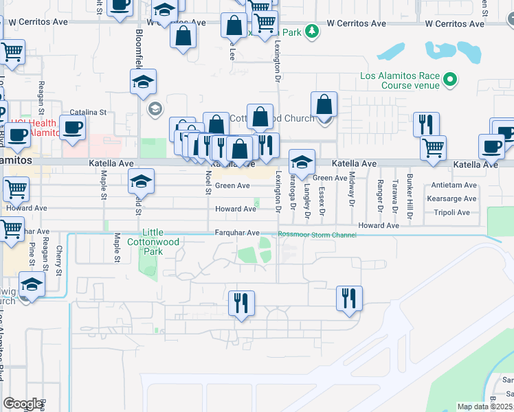 map of restaurants, bars, coffee shops, grocery stores, and more near 4391 Howard Avenue in Los Alamitos