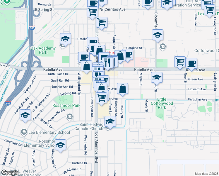 map of restaurants, bars, coffee shops, grocery stores, and more near 3647 Howard Avenue in Los Alamitos