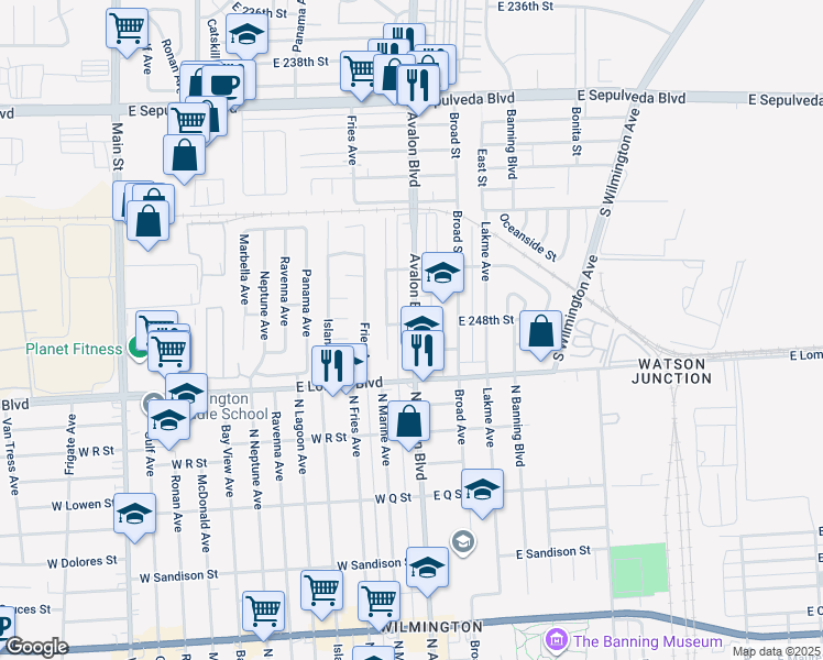 map of restaurants, bars, coffee shops, grocery stores, and more near 6 East 248th Street in Carson