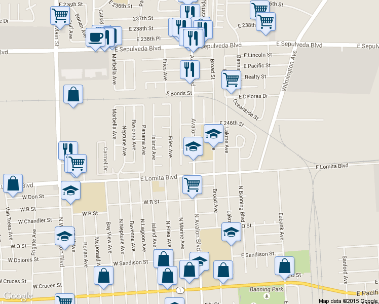 map of restaurants, bars, coffee shops, grocery stores, and more near 6 East 248th Street in Carson
