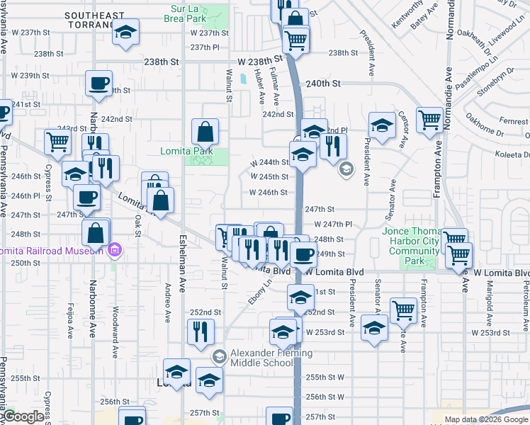 map of restaurants, bars, coffee shops, grocery stores, and more near 1808 247th Street in Lomita