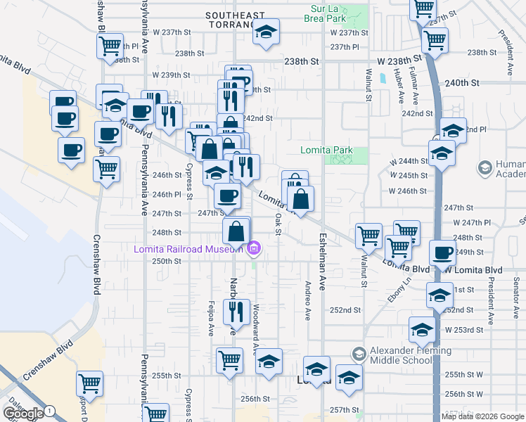 map of restaurants, bars, coffee shops, grocery stores, and more near 24676 Woodward Avenue in Lomita