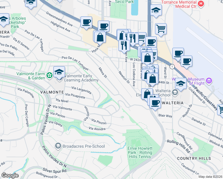 map of restaurants, bars, coffee shops, grocery stores, and more near 3923 Mesa Street in Torrance