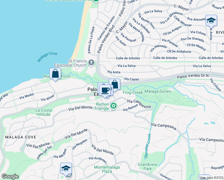 map of restaurants, bars, coffee shops, grocery stores, and more near 215 Palos Verdes Drive West in Palos Verdes Estates