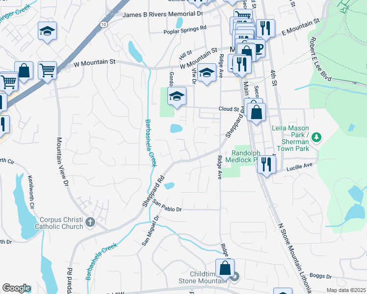map of restaurants, bars, coffee shops, grocery stores, and more near 502 Mountain Springs Drive in Stone Mountain