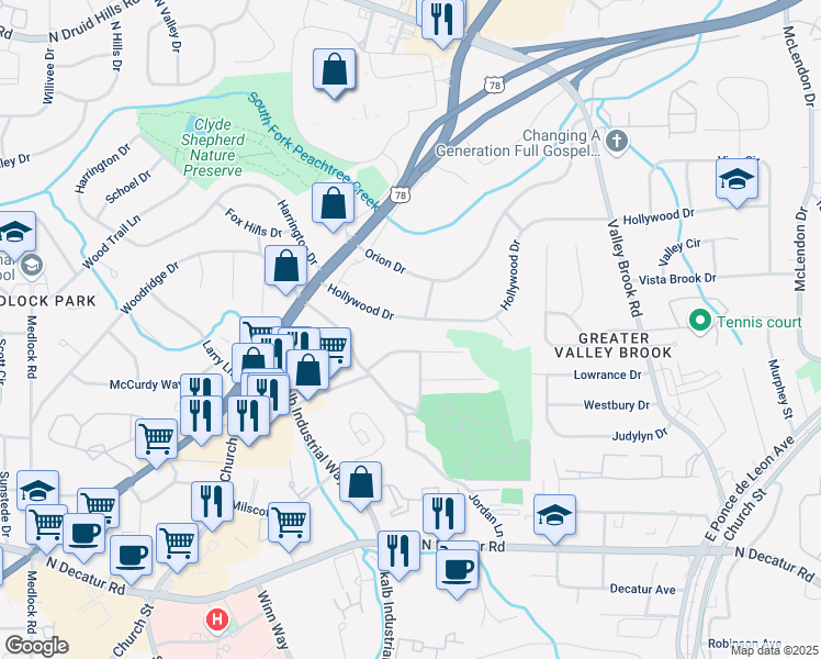 map of restaurants, bars, coffee shops, grocery stores, and more near 2781 Hollywood Drive in Decatur