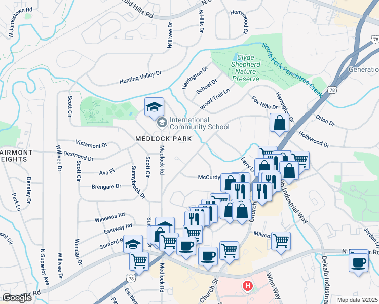 map of restaurants, bars, coffee shops, grocery stores, and more near 2454 Woodridge Drive in Decatur
