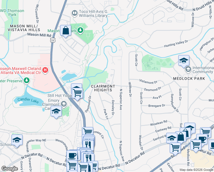 map of restaurants, bars, coffee shops, grocery stores, and more near 2119 Desmond Drive in Decatur