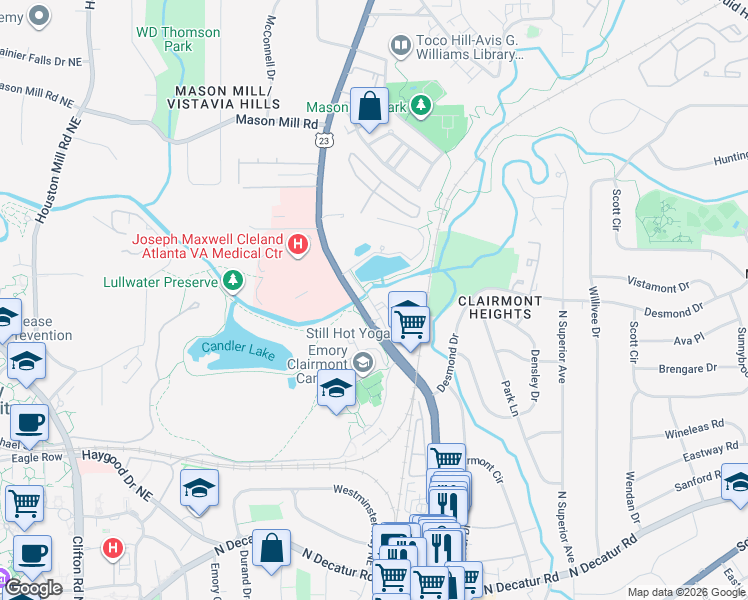 map of restaurants, bars, coffee shops, grocery stores, and more near 132 Carlyle Lake in Decatur