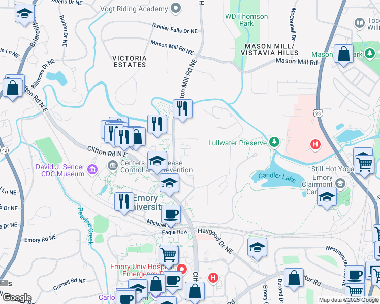 map of restaurants, bars, coffee shops, grocery stores, and more near 761 Houston Mill Road Northeast in Atlanta
