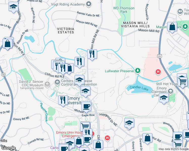 map of restaurants, bars, coffee shops, grocery stores, and more near 761 Houston Mill Road Northeast in Atlanta